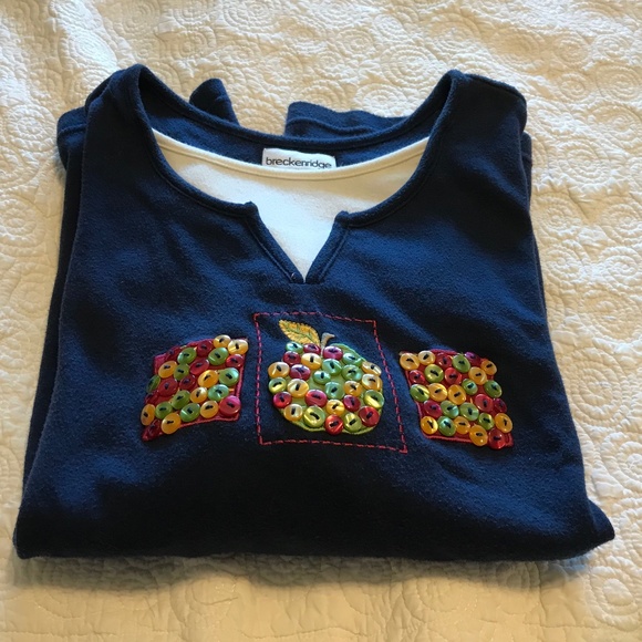 Breckenridge fall-themed long sleeved blue top with button apple design (2X) - Picture 16 of 16